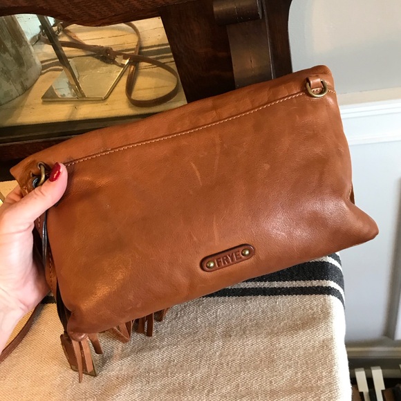 Frye Heidi Leather Fringe Cognac Brown Crossbody Clutch Bag Retail $298 - Picture 4 of 13